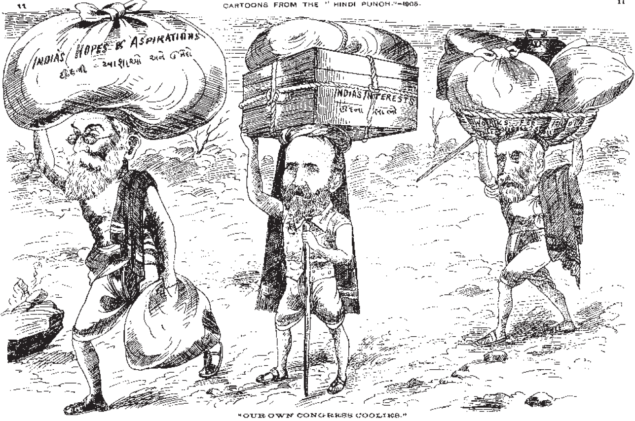 Cartoon from the Hindi Punch of Naoroji (left), Allan Octavian Hume (center), and William Wedderburn (right) as “Congress coolies.” Naoroji, Hume, and Wedderburn were recognized as the guiding forces of the Congress during its first two decades.