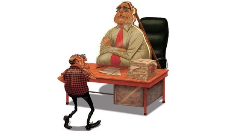 Caricature of a bureaucrat’s power during the License Raj ; Illustrations by Siddhant Jumde ; https://www.indiatoday.in/magazine/cover-story/story/20181001-lords-of-the-files-1344297–2018–09–22